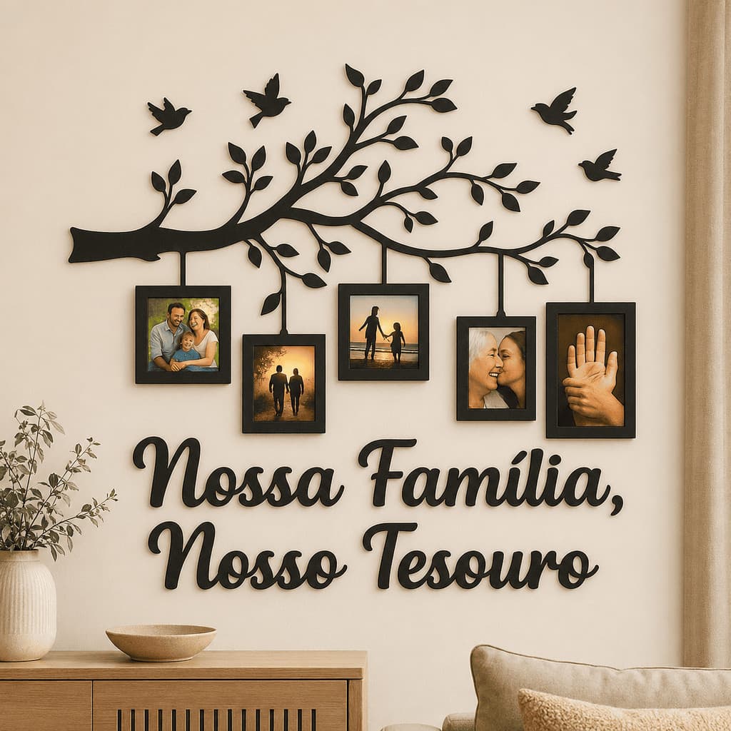 Quadro Árvore Familiar MDF 5 Molduras para Fotos Decoração Sala e Quarto