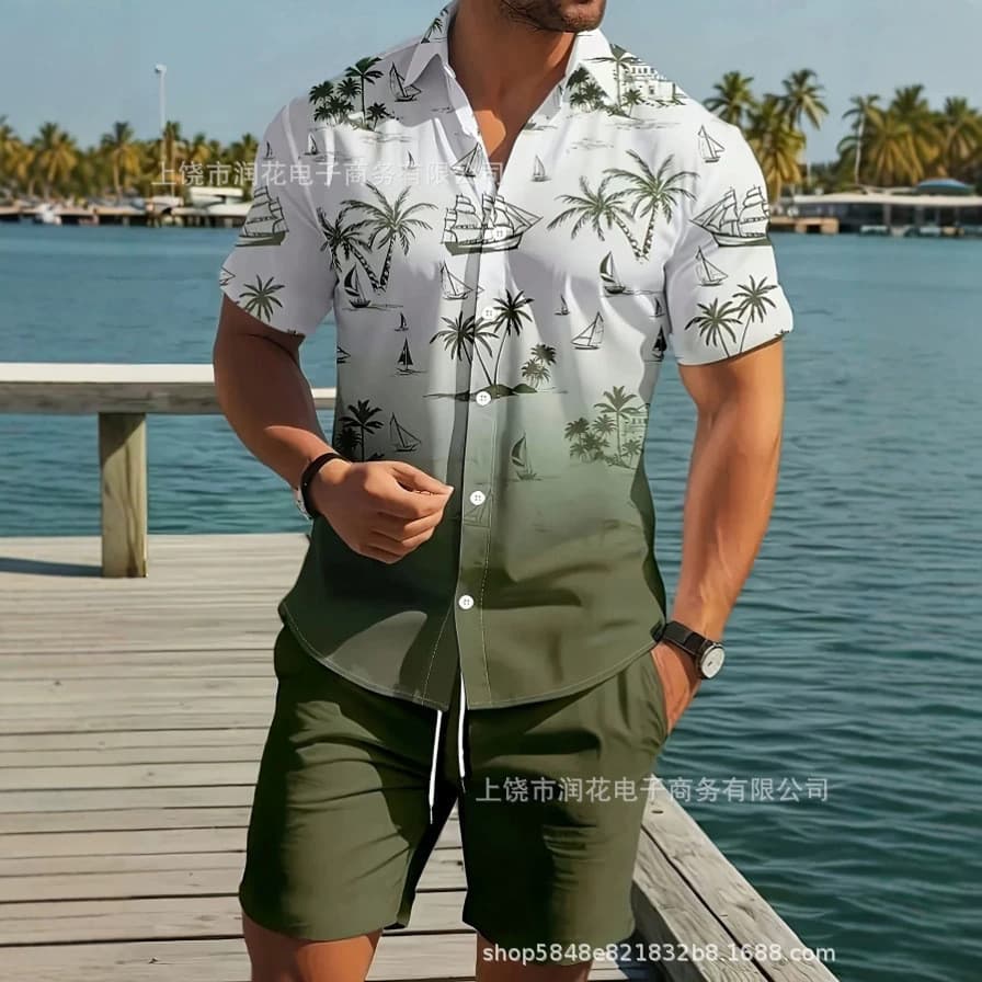 Camisa masculina de manga curta com estampa completa de vela de coco 3D terno camisa estampada fina com cadarço Shorts d
