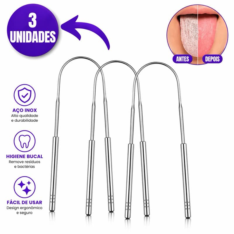 Raspador Limpador de Língua em Aço Inox – Bucal Anti Mau Hálito e Higiene Oral Completa