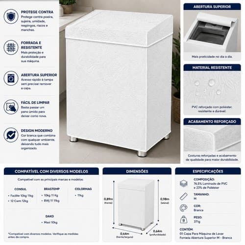 Capa Resistente Proteção Máquina Lavagem Abertura Superior Branca Durável