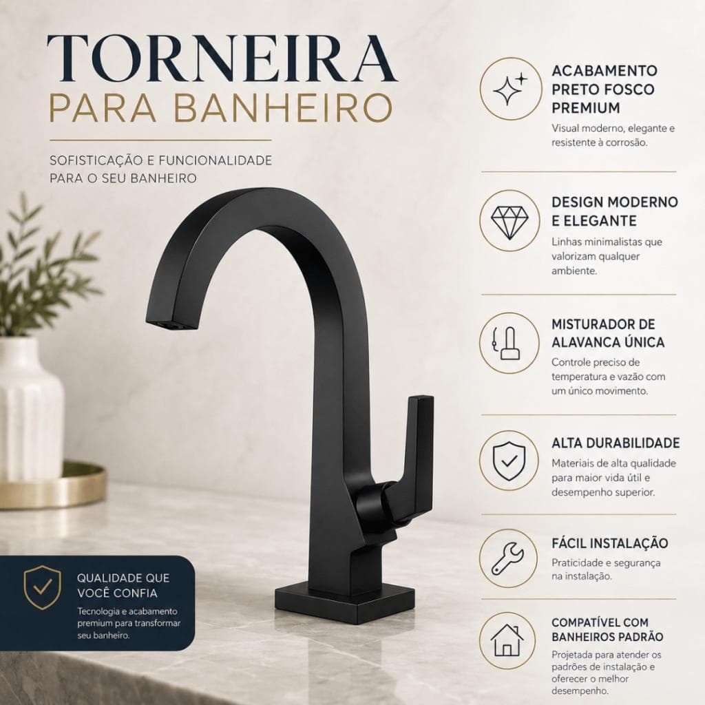 Torneira de Bancada Banheiro Luxo Cromada Preta 1/4 de Volta Econômica