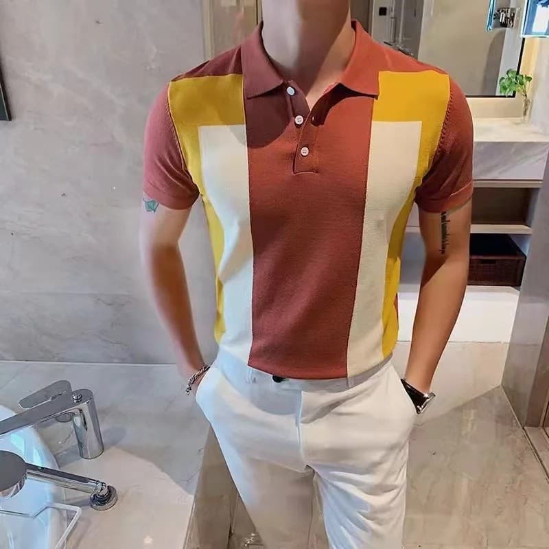 Camisetas de Verão em Tricô Listrado com Patchwork, Manga Curta, Camisa Polo Casual para Homens, Camisa Retro 3XL