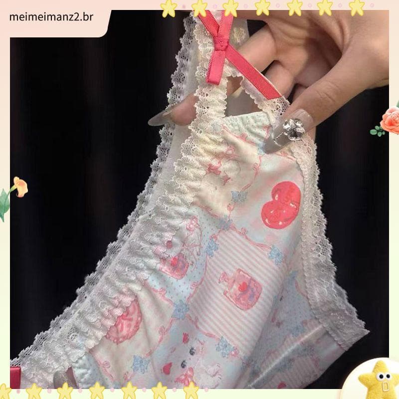Doce legal gatinho bonito dos desenhos animados impresso calcinha feminina estilo doce contraste cor Bowknot sedoso cint