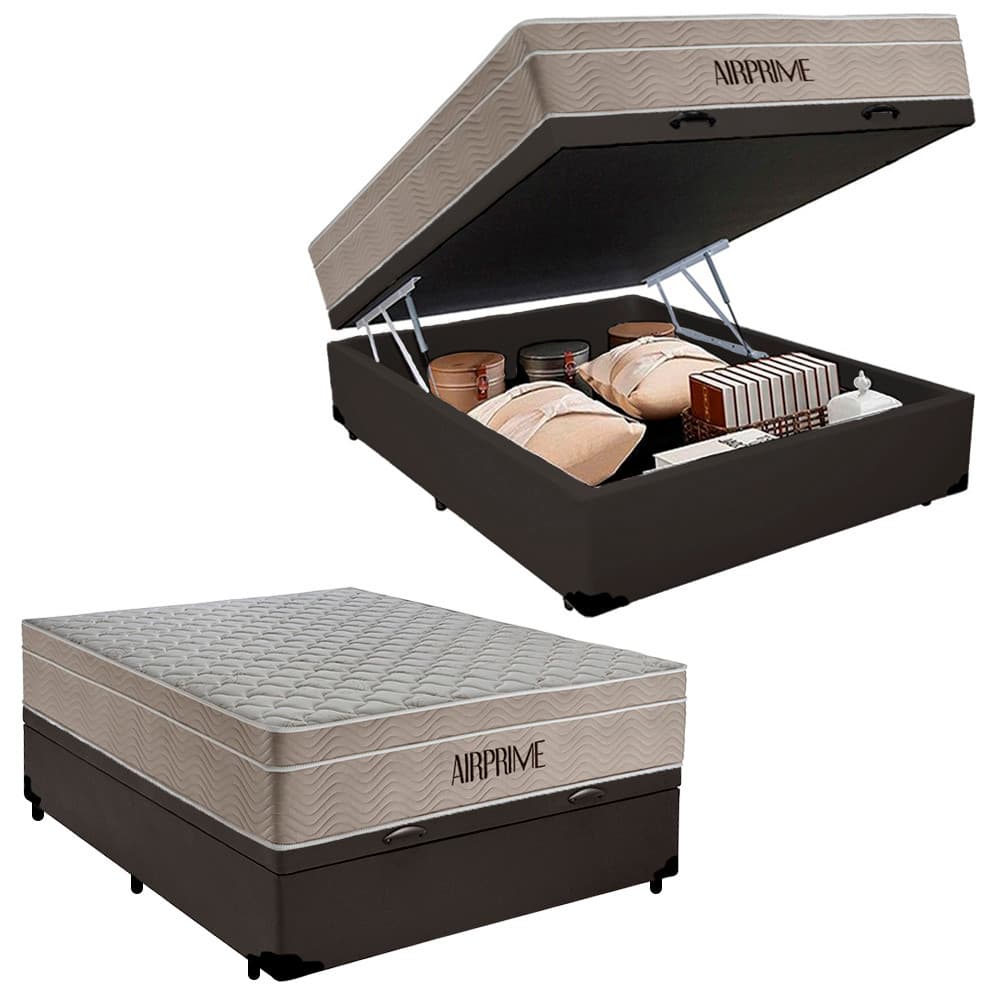 Cama Box Baú Casal Sintético Cremil + Colchão Molas Ensacadas AirPrime 138x188x65cm Marrom