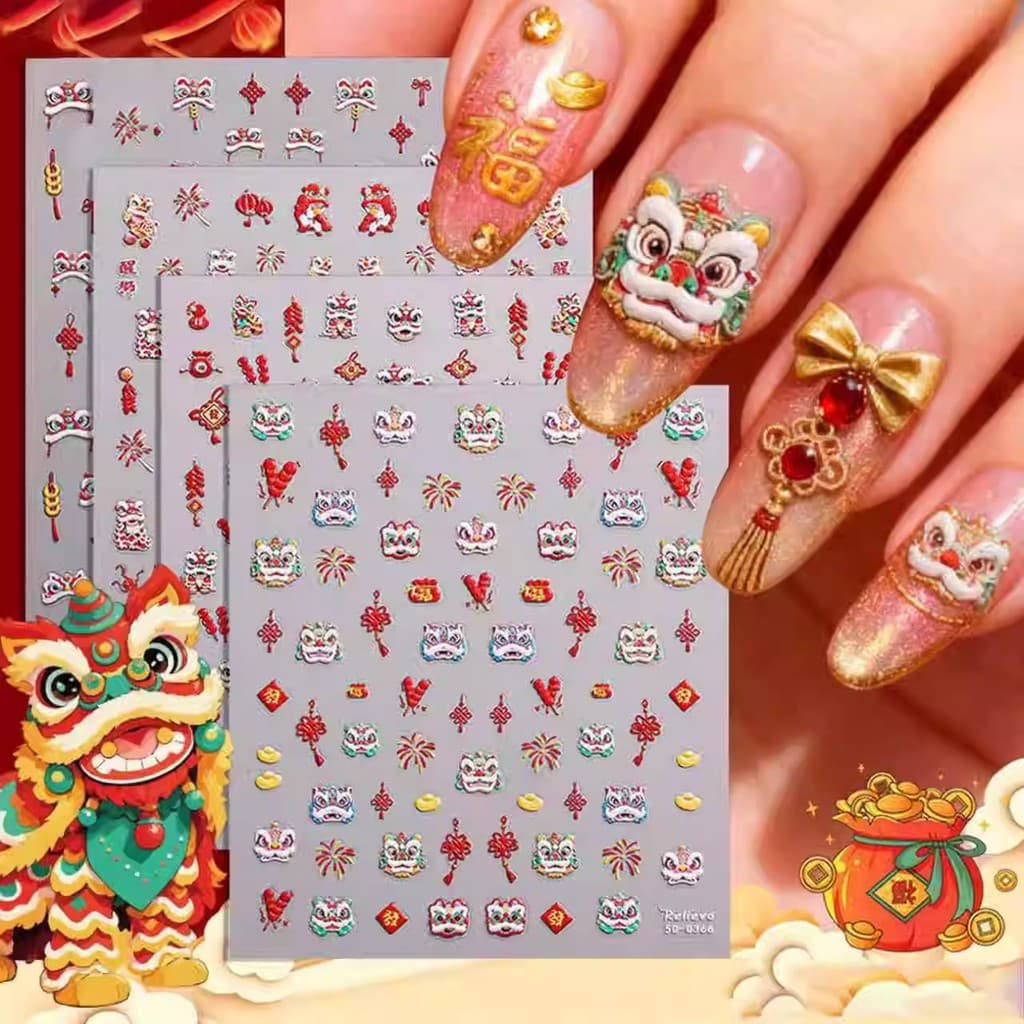Estilo de ano novo leão-despertar gato da sorte adesivos de unhas em relevo diy lindo fogos de artifício adesivos de unh