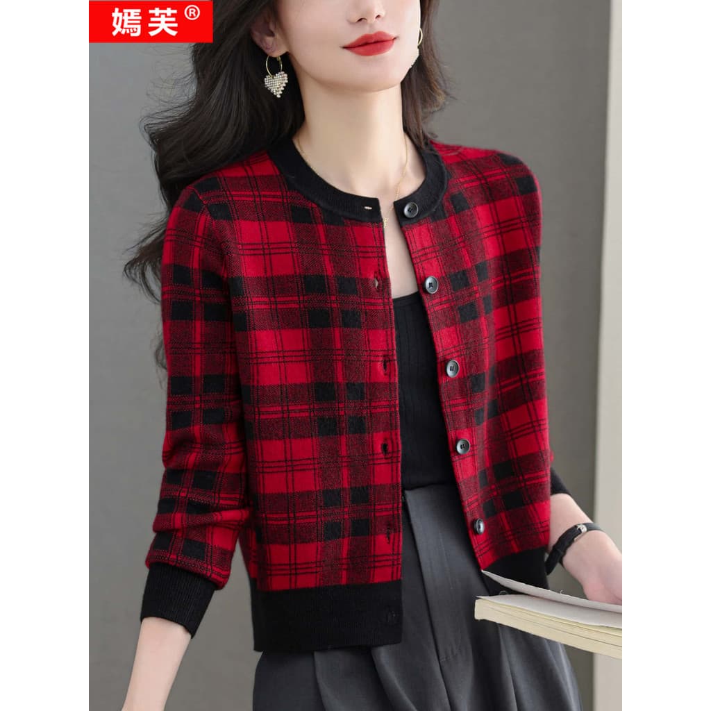 Yanfu 2026 primavera novo estilo camisola jaqueta feminina em torno do pescoço xadrez Cardigan solto mais magro olhar Al