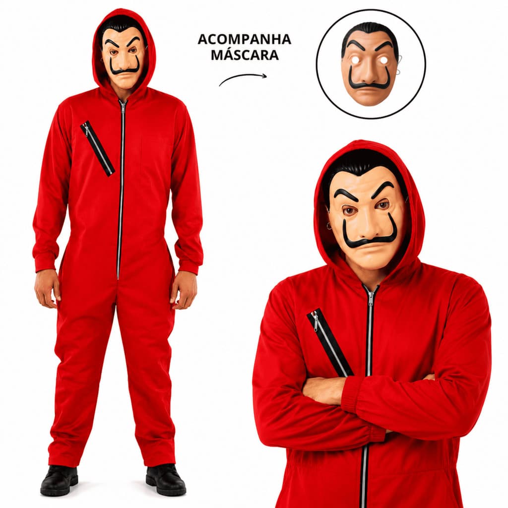 Fantasia Macacão Vermelho com Máscara Halloween Adulto e Infantil