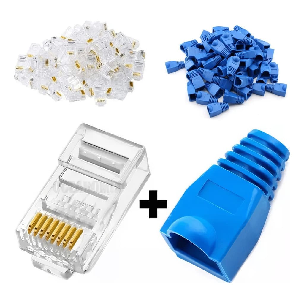 Kit 10 Conector  Rj45 Cat5e + 10 Capas Azul P/ Cabo Rede Giga CAT5 e CAT5E