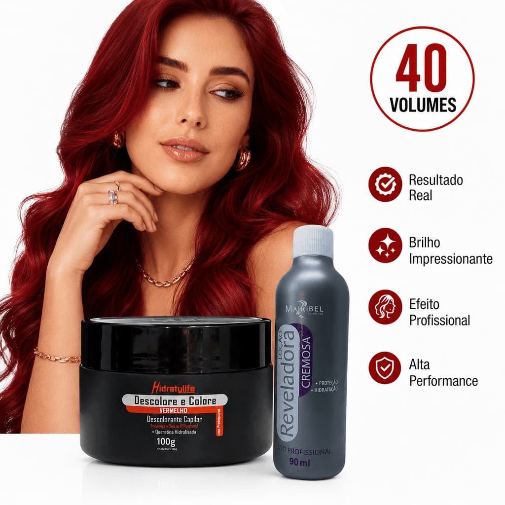 Pó Descolorante Vermelho com OX 40 Vol Kit Completo Cor Duradoura Brilho Intenso Profissional