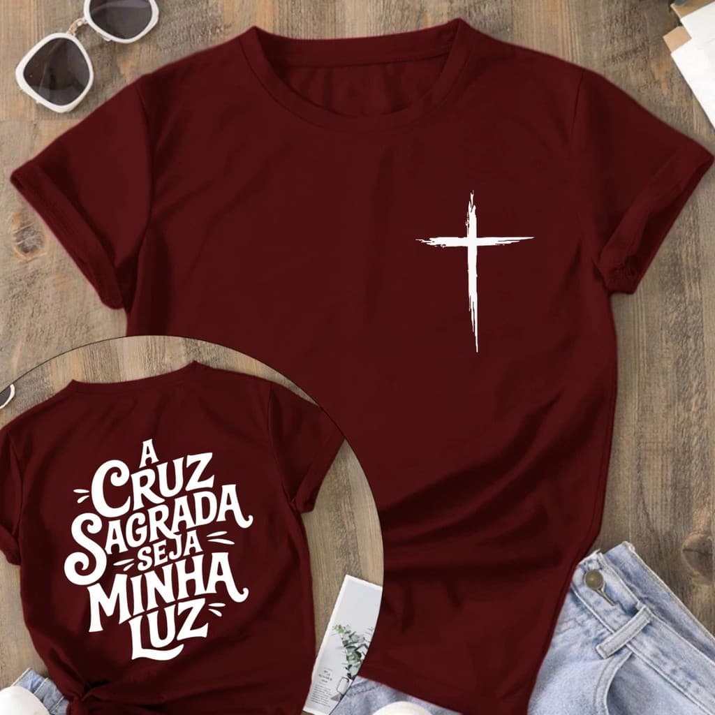 Camiseta Feminina Cristã Camisa A Cruz Sagrada Blusa Estampada Religiosa Católica Fé Esperança