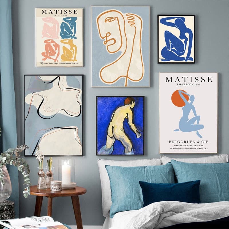 Arte de Parede Abstrata, Pintura em Tela Azul, Pôsteres e Gravuras de Linhas de Matisse, Decoração de Quarto, Imagens e