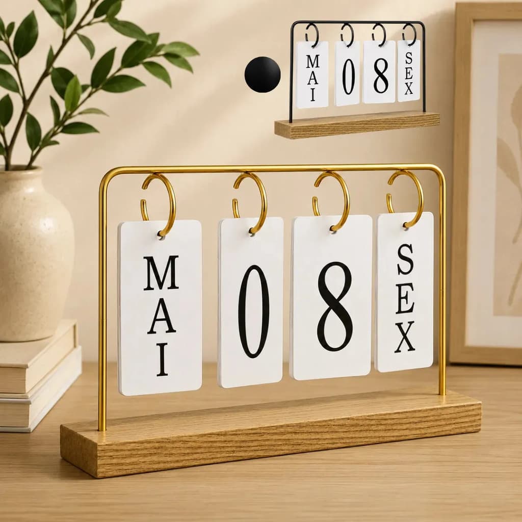 Calendário Mesa Permanente Decorativo Plaquinhas Escritório Dia/Mês Dourado