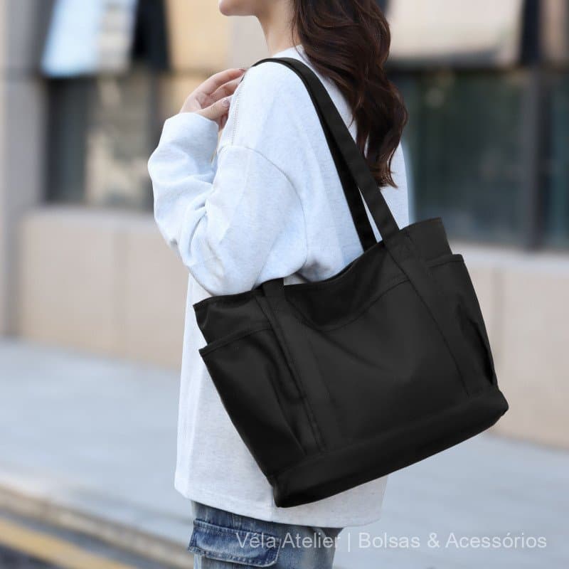 Bolsa Tote Grande em Tecido Oxford com Zíper e Compartimentos 35x30x17 cm para Trabalho Passeio e Dia a Dia