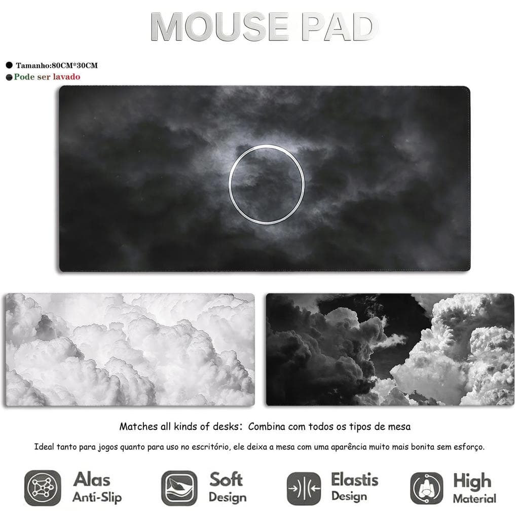 Mouse Pad Gamer Nuvens Preto Branco Premium XL Antiderrapante com Borda Costurada Reforçada para Teclado e Notebook