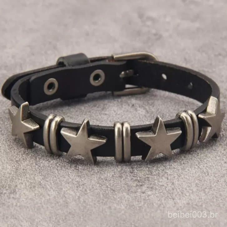 Pulseira Eddie Star Punk – Punho Unissex Em Liga E Couro Joia Gótica Preta Prateada Mão Minimalista
