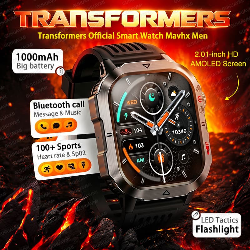 Transformadores Oficiais Masculino Militar Smartwatch 1000mAh Bateria Grande 2.01 " HD AMOLED Display Bluetooth Chamada