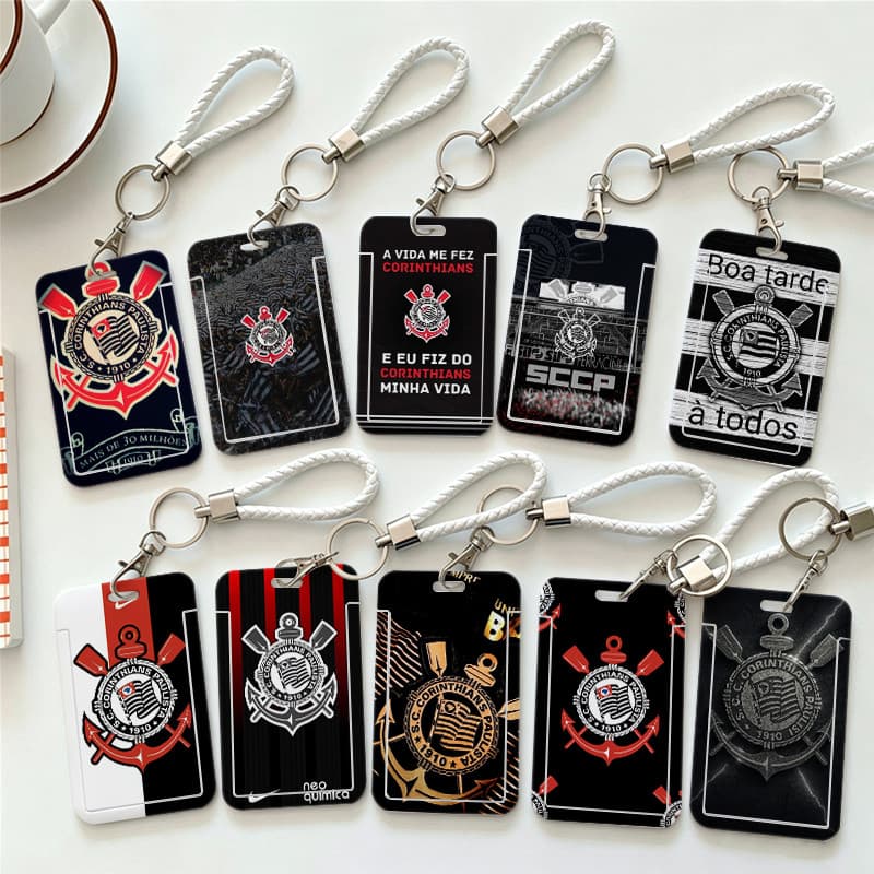 Corinthians Porta-Crachá Torcedor para Cartão Estudante Trabalho Acesso com Cordão Chaveiro Design Futebol Clube Preto.