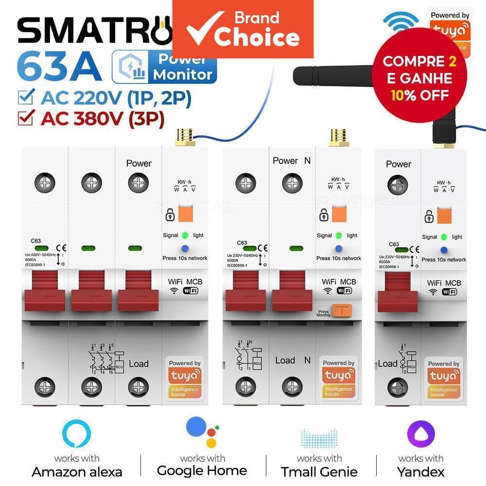 Disjuntor Smatrul WiFi Smart Breaker 63A Para Proteção Contra Curto-Circuito Tuya Ac110-450V