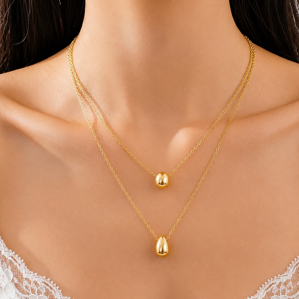 Colar Feminino Moderno 2 em 1 de Aço Inoxidável Com Pingentes Gota e Esfera Corrente de Ouro Prata