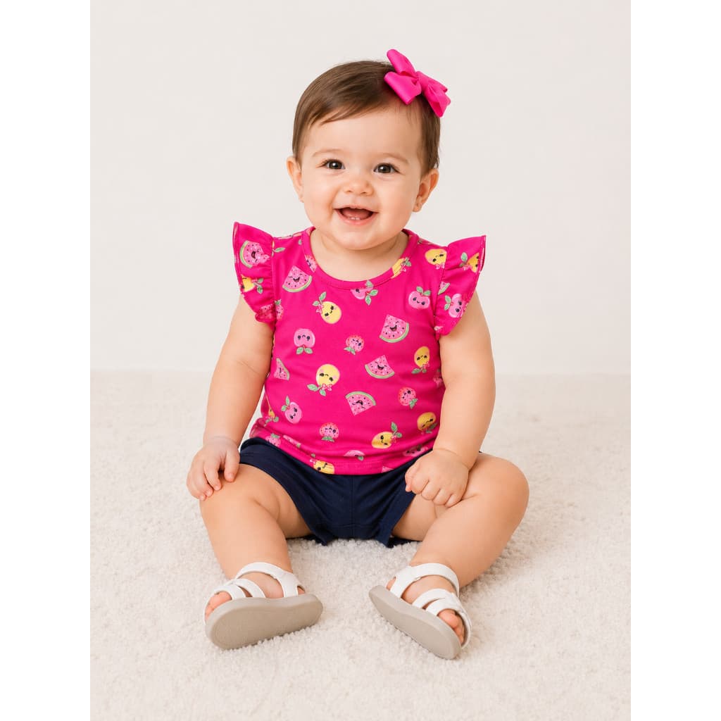 Conjunto Infantil Bebê Menina Blusa Modal Estampa Full Print Frutinhas e Shorts Moletinho Zupa Zuka