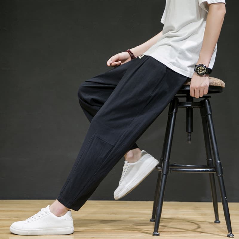Estilo Calças Compridas Novo Chinês Algodão E Linho Masculinas Finas Soltas De Perna Larga Harem Casuais Simples Nove Po