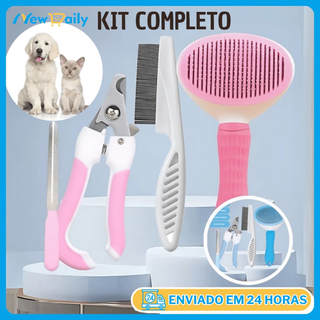 KIT Completo 4 Pçs Pets Escova Removedora Tira Pelos de Cães E Gatos Pente de Pulgas Cortador de Unhas Lixa de Unha PET