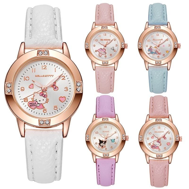Relógio de Pulso Feminino Sanrio Kuromi Melody Cinnamoroll Hello Kitty com Diamantes em Ouro Rosa e Pulseira de Couro, R