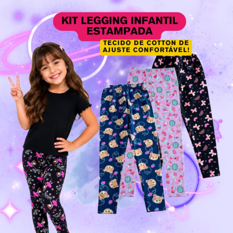Kits de Calça Legging Infantil Cotton Estampada Menina Tam 1 ao 16 Diversas Estampas