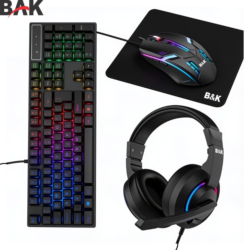 Kit Gamer Completo 4 Em 1 BAK Teclado Mouse Headset RGB USB MousePad Gamer Setup Profissional LED