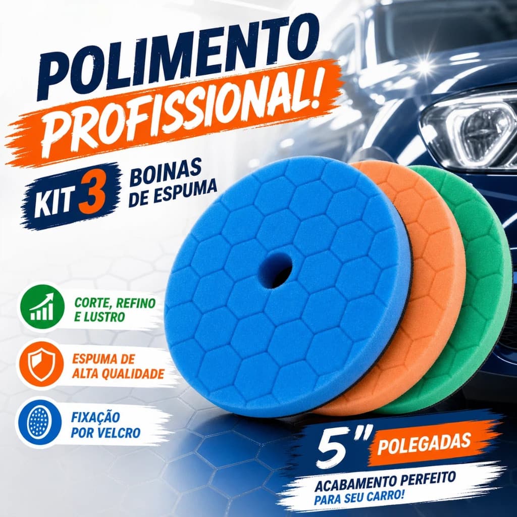 Kit 3 Boinas De Espuma 5" Para Polimento Corte Refino Lustro Automotivo Com Velcro