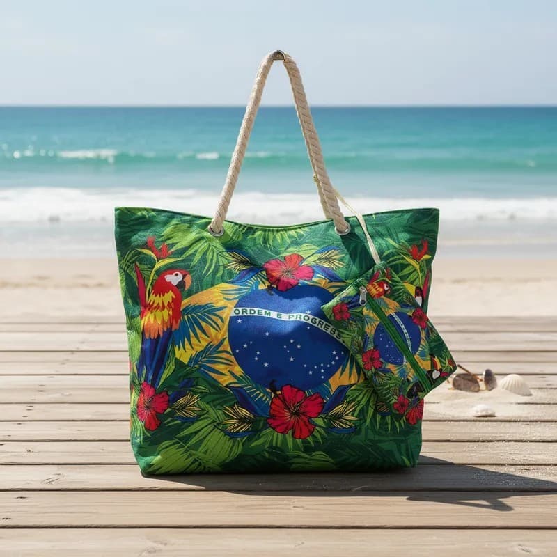 Bolsa de praia feminina estampada com carteira bandeira trop