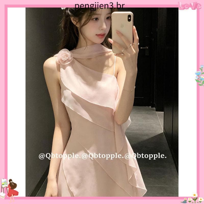 Rosa ombro inclinado babados flor estilingue vestido feminino verão Design sentir puro desejo cintura estreita mais magr
