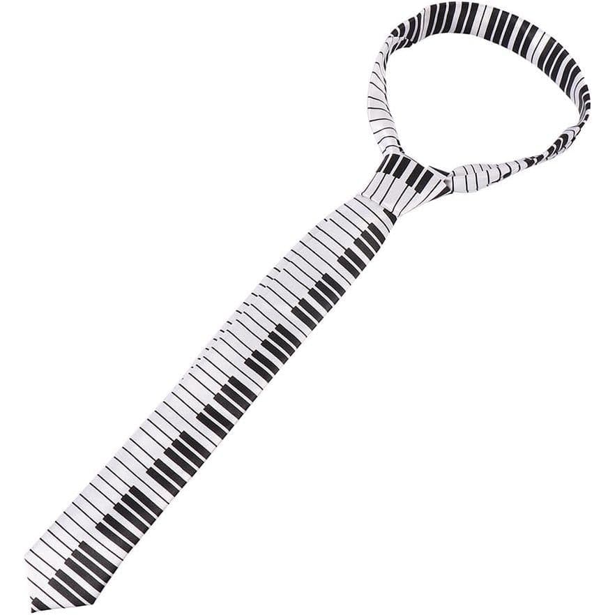 Gravata Masculina Retrô com Estampa de Teclas de Piano, Gravata Preta e Branca com Estampa de Teclado de Piano, Gravata