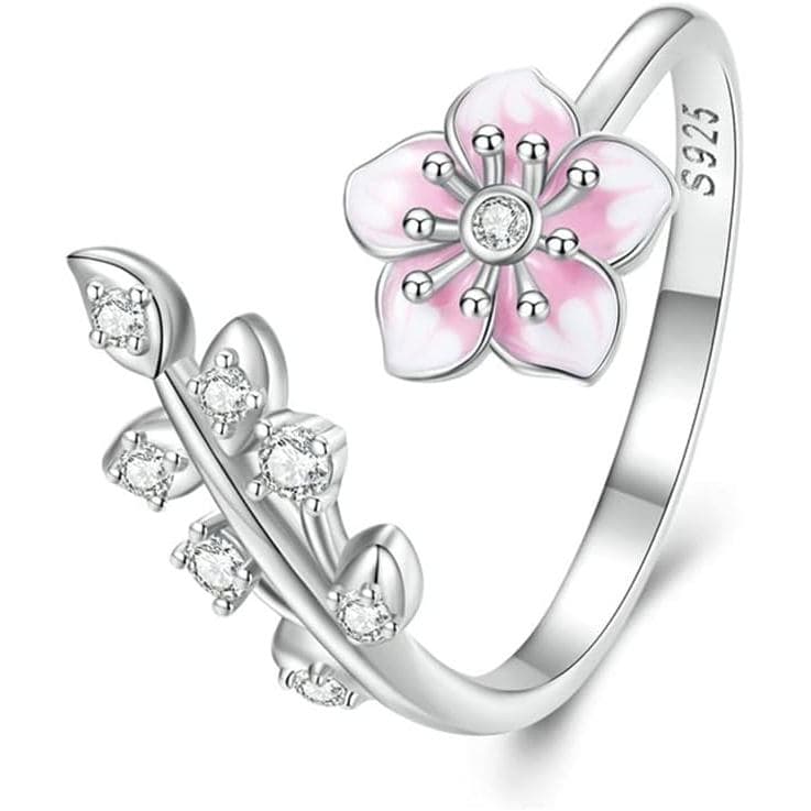 Anel Ajustável com Flores de Cerejeira Rosa, Prata Esterlina S925, Hipoalergênico, Imitação de Cristal, Anéis de Casamen