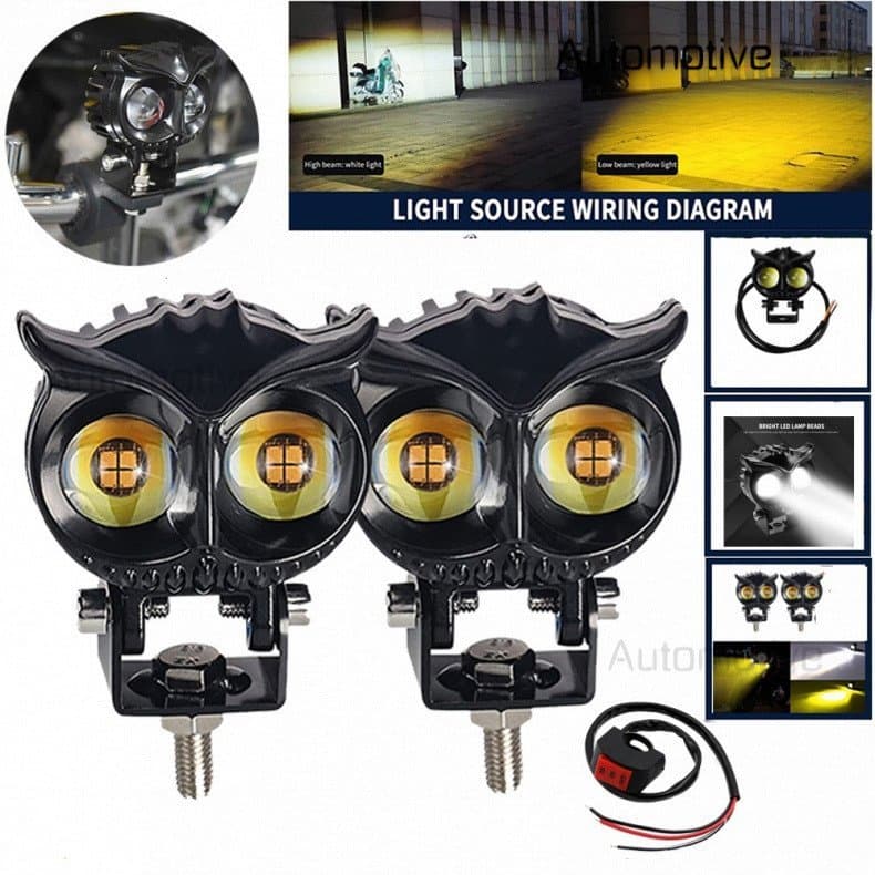 Atualização 2023 Owl Dual Lamp Beads Farol LED de Duas Cores para Motocicleta, Luz Auxiliar, Mini Luz de Corrida, Luzes