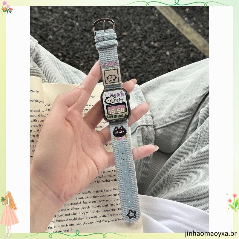 Adequado para Apple Huawei ajuste pequeno Redmi relógio inteligente Denim gato bordado cinta ins estilo Preppy pulseira