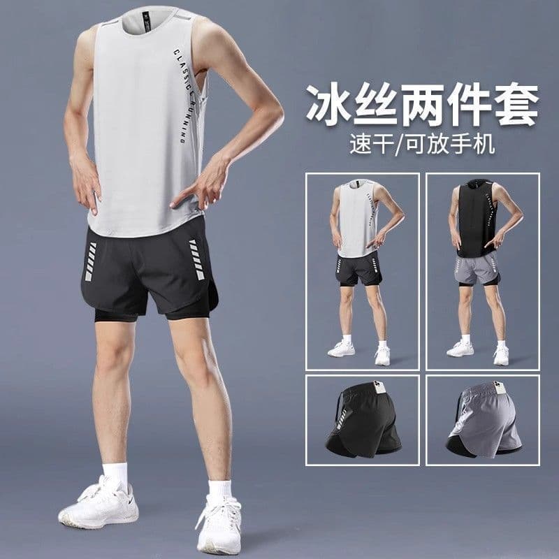 Correndo terno esportivo masculino maratona colete de secagem rápida seda gelo verão treinamento profissional Shorts rou