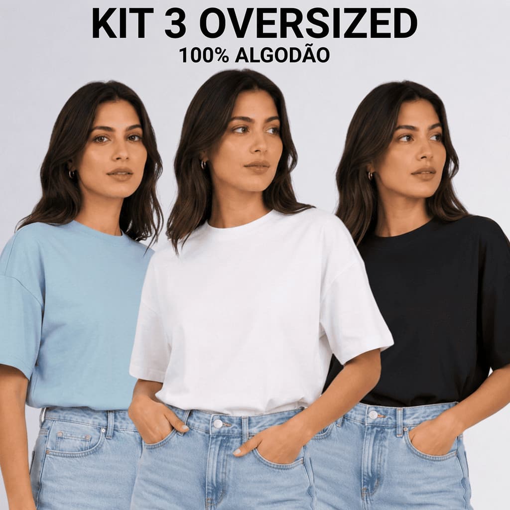 Kit 3 Camiseta Oversized Feminina 100% Algodão Lisa Streetwear Blusa Casual T-shirt Lisa