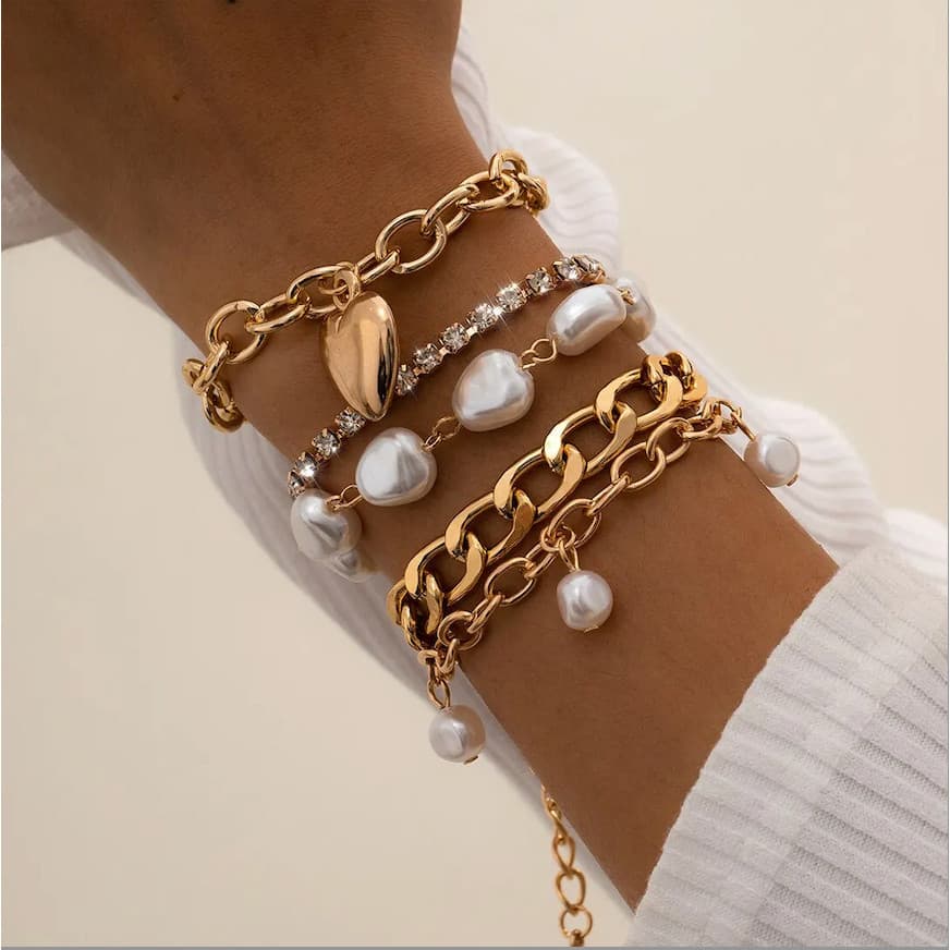 5 Peças Pulseira Corrente Feminina Coração Strass New Design