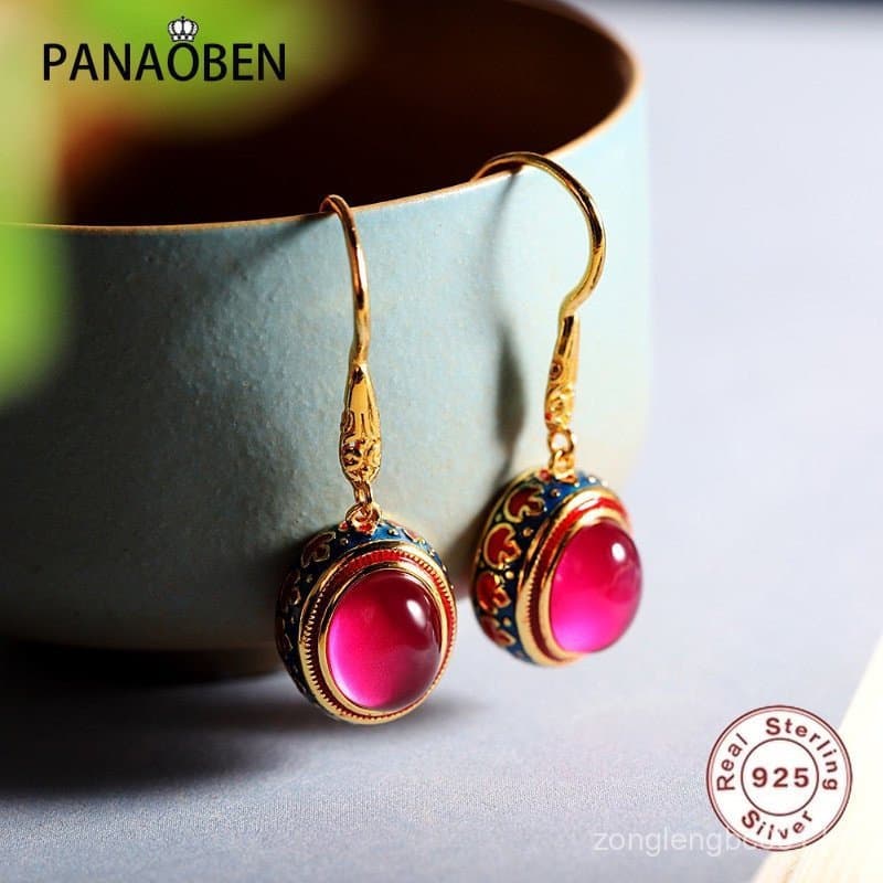 ♥ Estilo étnico tradicional Natural cornalina Retro padrão esmalte brincos de prata senhoras jóias de ouro antigo