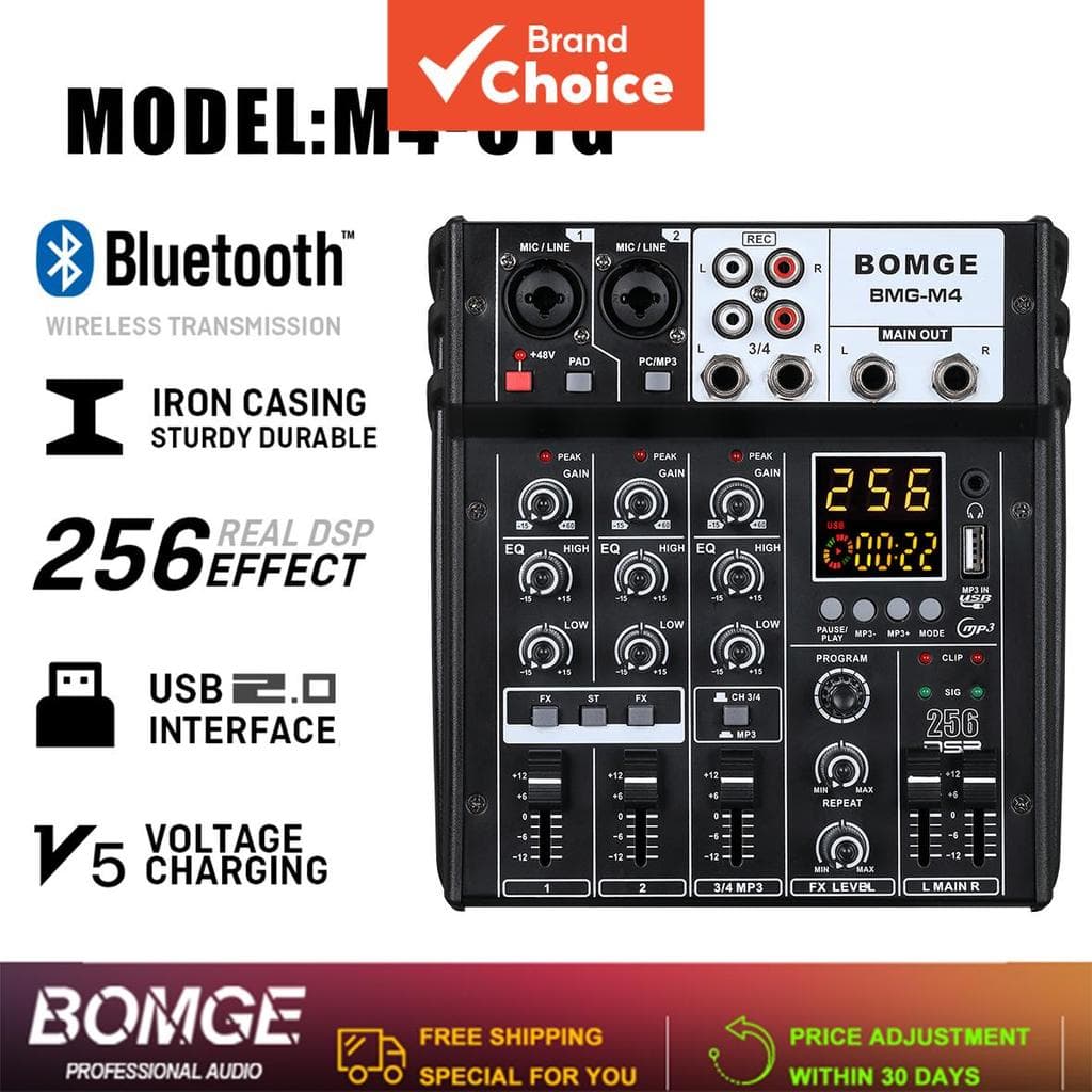 O BOMGE M4-OTG é um mixer de áudio compacto com 4 canais, equipado com entradas XLR/linha e alimentação phantom de 48V,