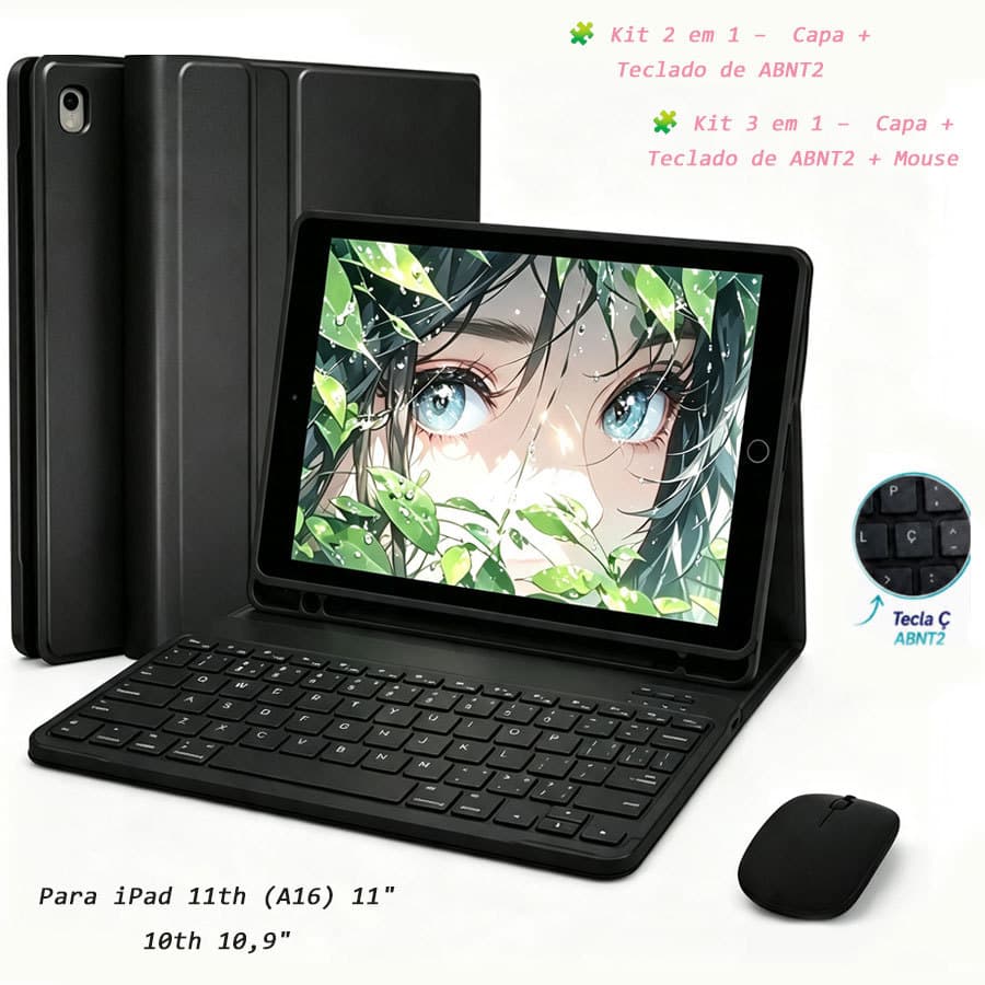 Capa Para iPad 11" (A16) A3355/A3356 /10ª A2696/A2757/A2777 C/ Magnético Teclado Bluetooth ABNT2 (Com Ç) E Mouse Sem Fio