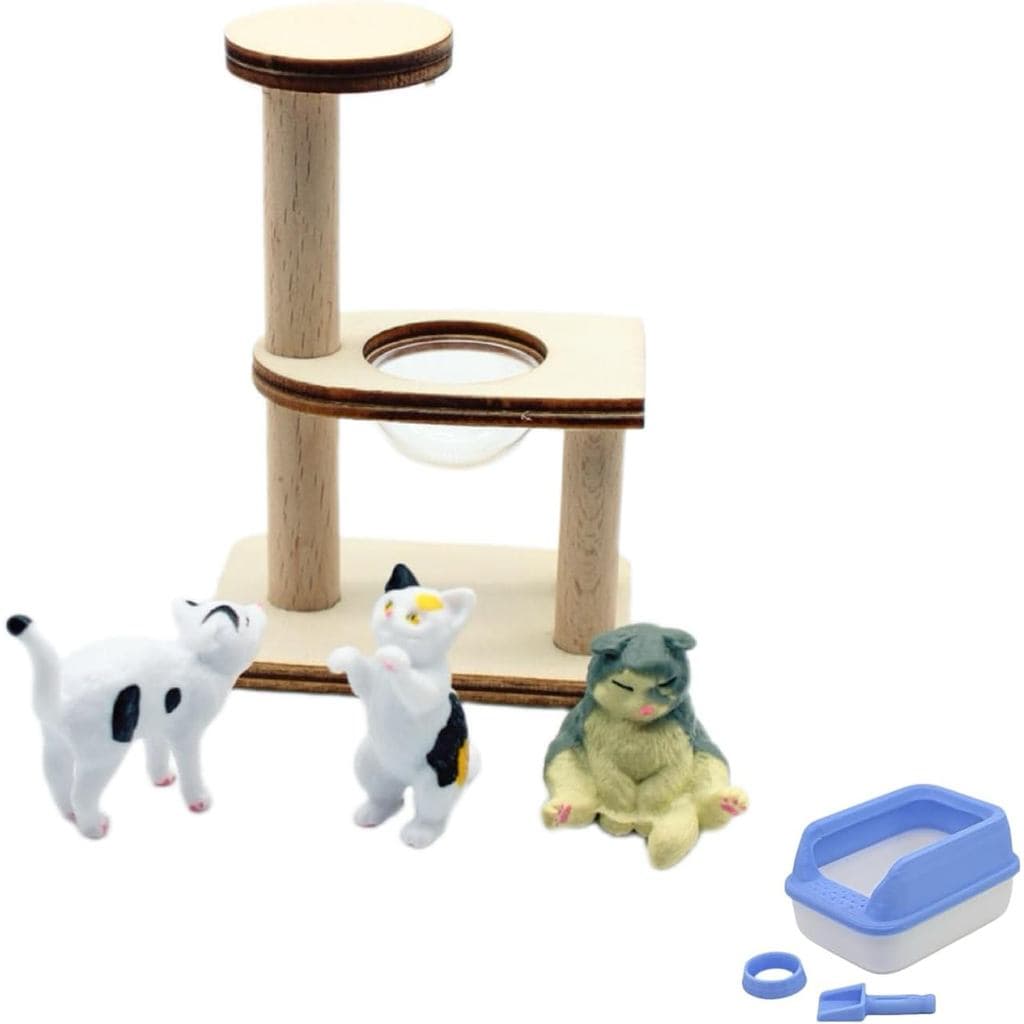 Acessórios em escala 1/12: Conjuntos de Figuras de Gatos que Incluem Caixa de Areia Azul, Árvore para Escalar e 3 Gatos