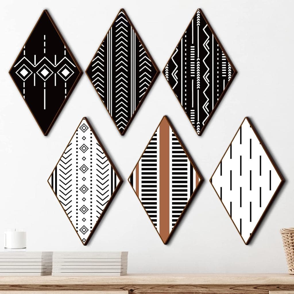 6 Peças de Decoração de Parede com Arte Asteca, Estilo Boho, Rústico, Moderno, Ocidental, Vintage, com Moldura Geométric
