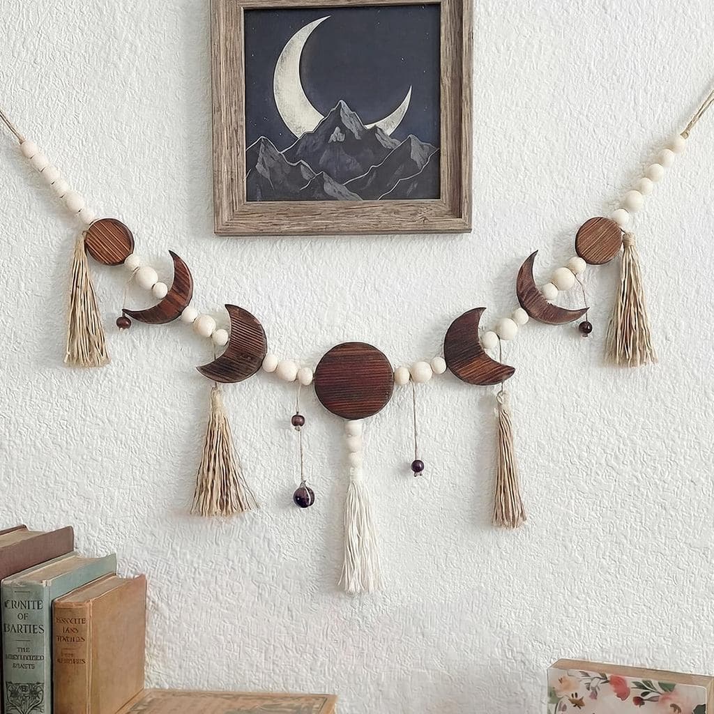 Leinuosen Decoração de Parede com Fases da Lua, em Madeira com Contas e Borla, Arte de Parede Boho, Decoração Estética A