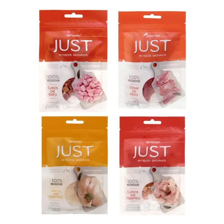Kit 4 Petiscos Just Cães E Gatos 100% Natural sabor frango e sabor pato 55g cada.