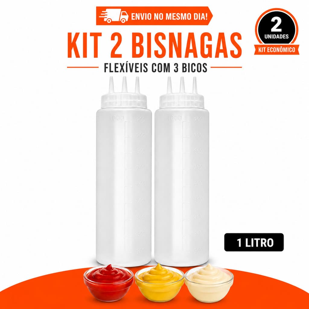 Kit 2 Bisnagas Squeeze Flexíveis 1 Litro 3 Bicos Molho Ketchup Mostarda Maionese Vinagre