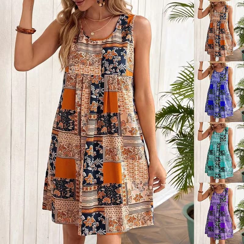 Vestido de Praia de Verão Vestido de Senhora Casual de Pescoço Redondo Impresso Sem Manga Vestido de Mulher