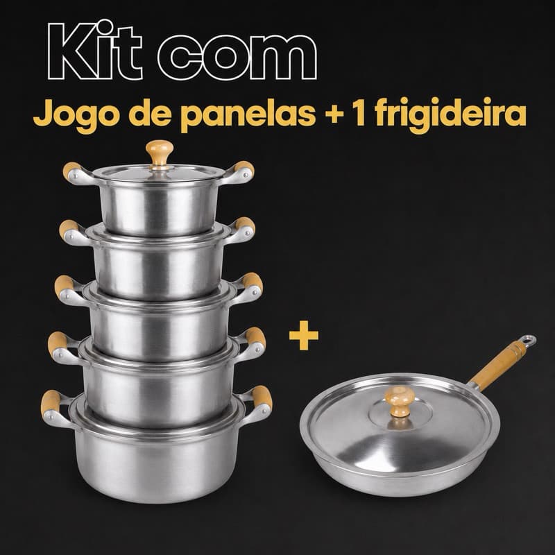 Jogo de Panelas Alumínio Batido Fundido + 1 Frigideira Grossa com Pegadores De Madeira