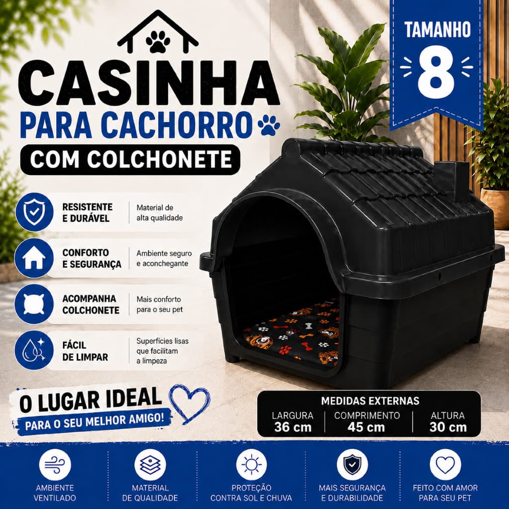 Casinha Plástico Resistente N8 para Cachorro com Colchonete Confortável